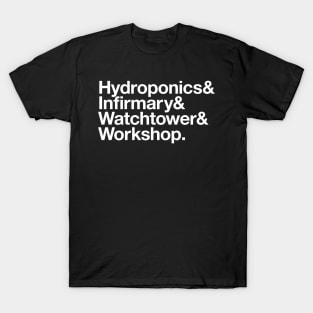 State Of Decay Helvetica Dark: Hydroponics Infirmary Watchtower Workshop T-Shirt